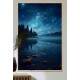 Quadro Decorativo Lua com C�u Estrelado Refletindo em Rio com Floresta de Fundo