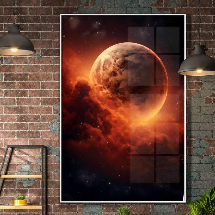 Quadro Decorativo Lua e Nuvens Tons de Vermelho