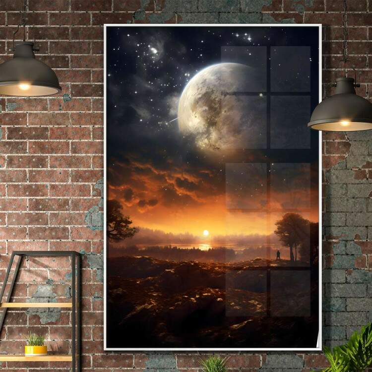 Quadro Decorativo Lua e Sol Iluminando Savana