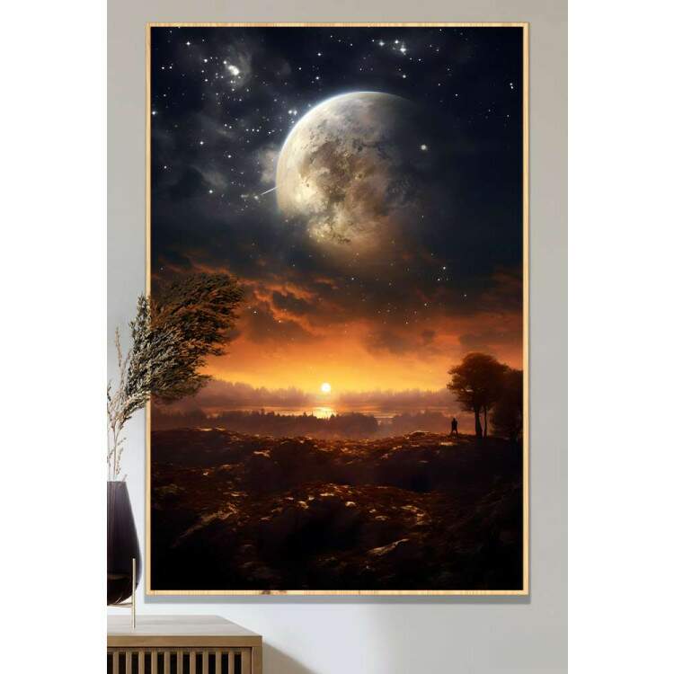 Quadro Decorativo Lua e Sol Iluminando Savana