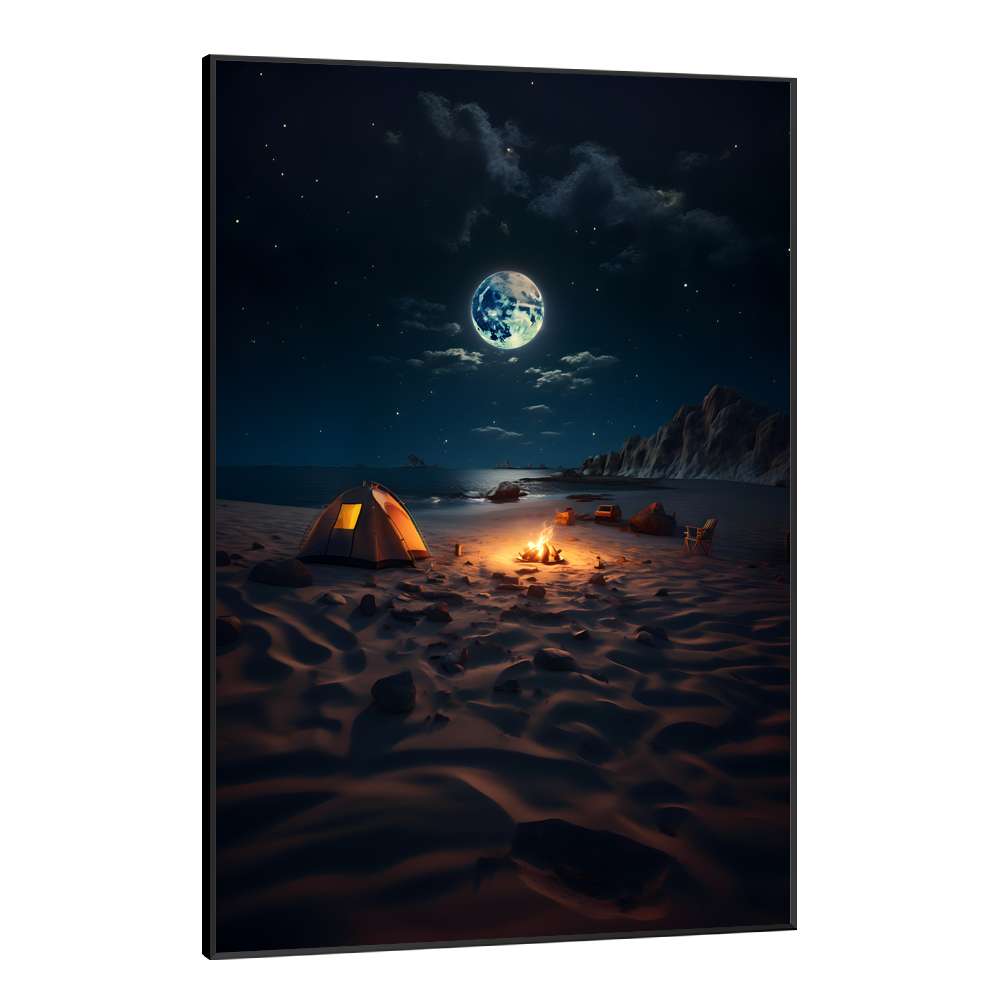 Quadro Decorativo Luar Iluminando Praia com Fogueira