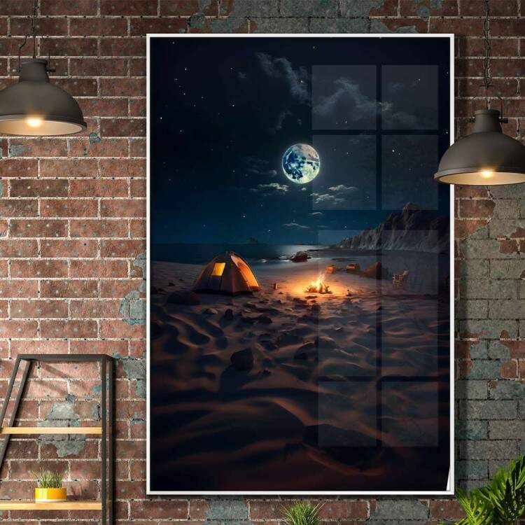 Quadro Decorativo Luar Iluminando Praia com Fogueira