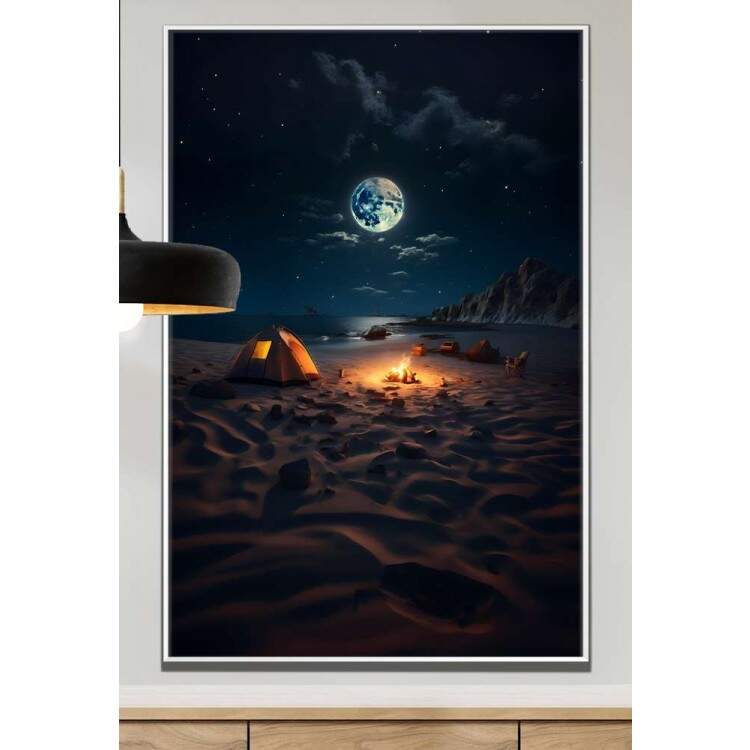 Quadro Decorativo Luar Iluminando Praia com Fogueira