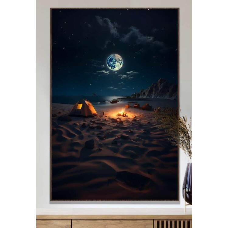 Quadro Decorativo Luar Iluminando Praia com Fogueira