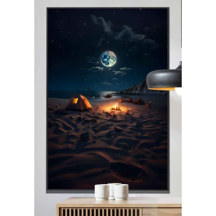 Quadro Decorativo Luar Iluminando Praia com Fogueira