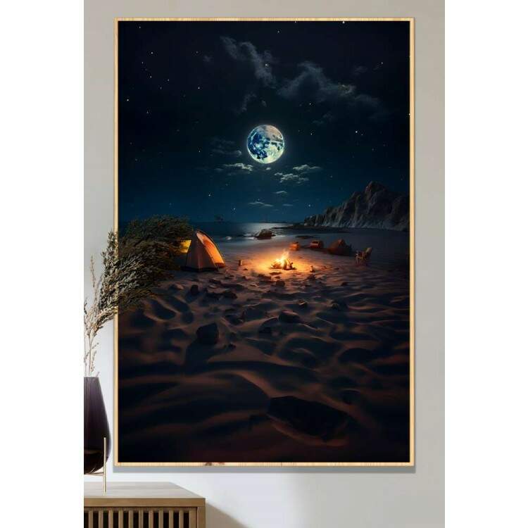 Quadro Decorativo Luar Iluminando Praia com Fogueira