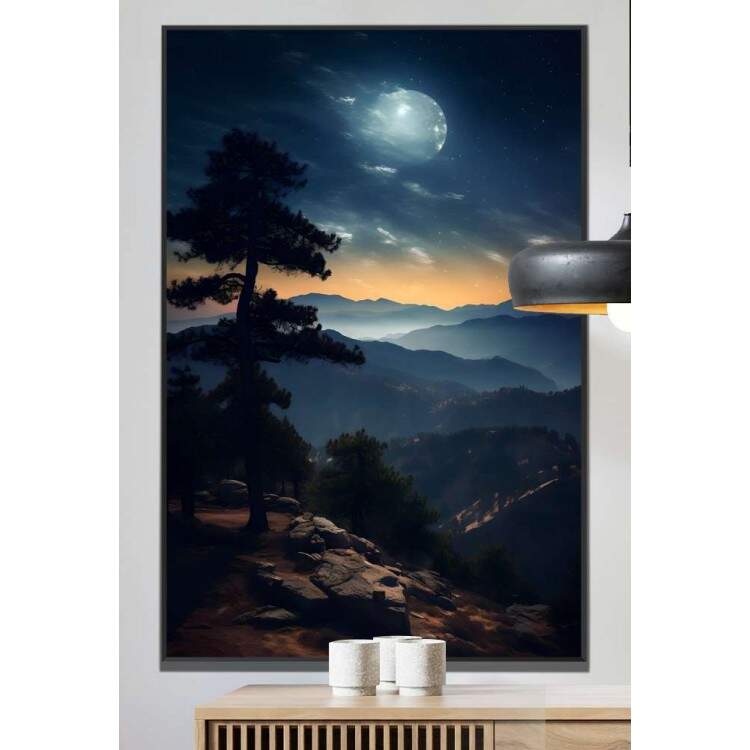 Quadro Decorativo Luar Iluminando Topo de Montanha com Pinheiro