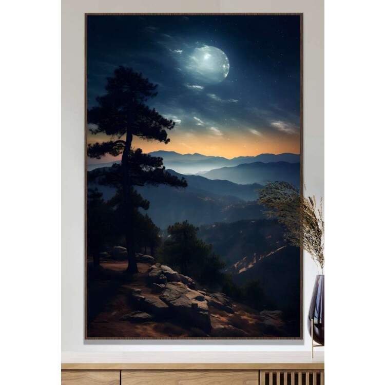 Quadro Decorativo Luar Iluminando Topo de Montanha com Pinheiro