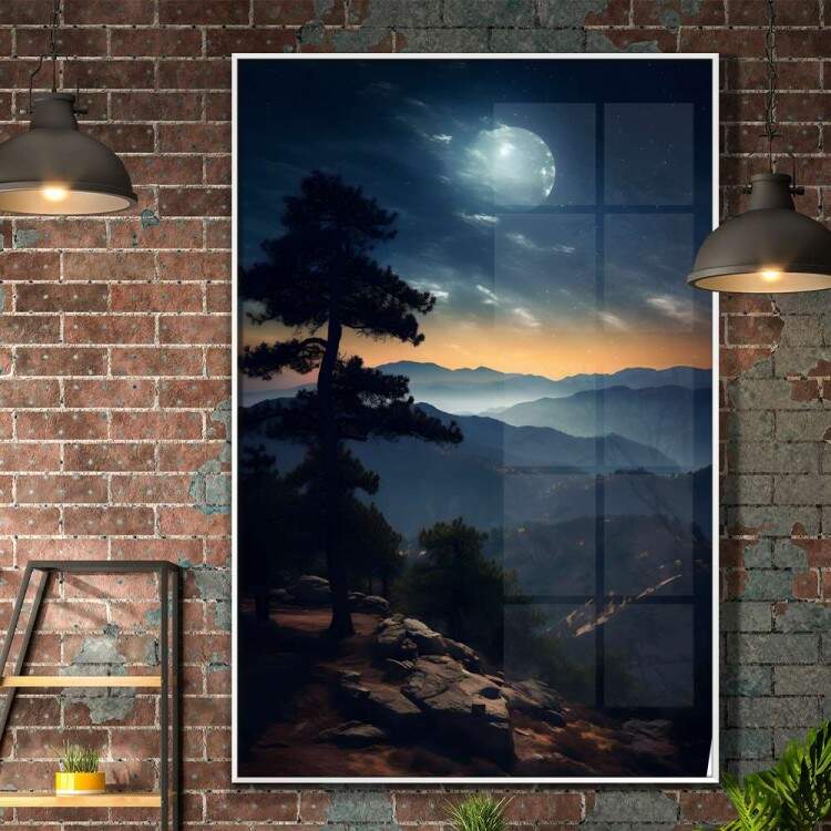 Quadro Decorativo Luar Iluminando Topo de Montanha com Pinheiro