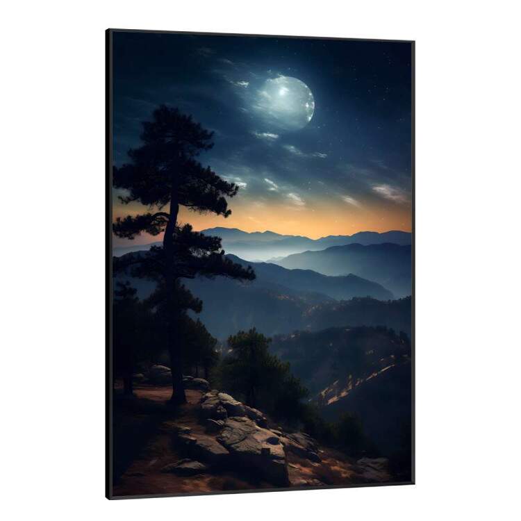 Quadro Decorativo Luar Iluminando Topo de Montanha com Pinheiro