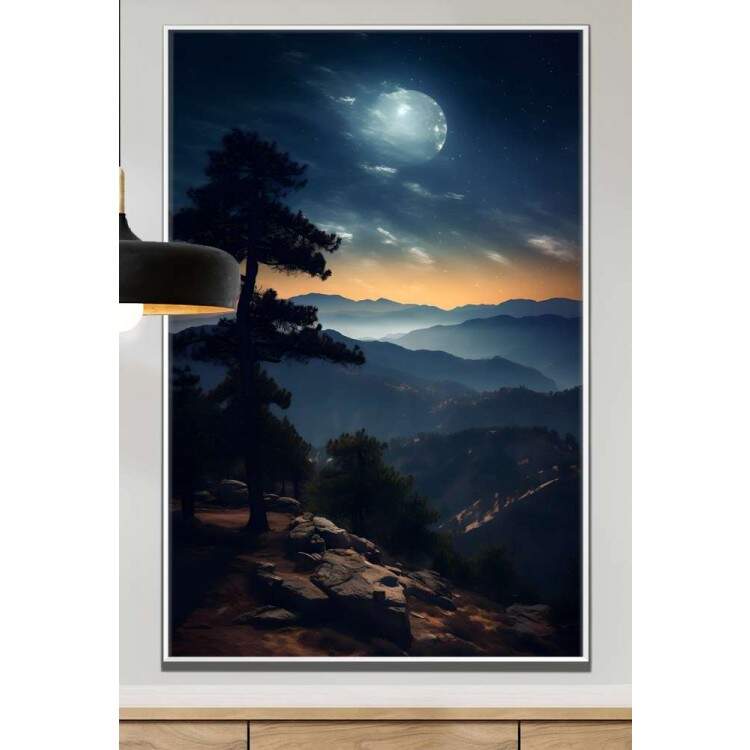 Quadro Decorativo Luar Iluminando Topo de Montanha com Pinheiro