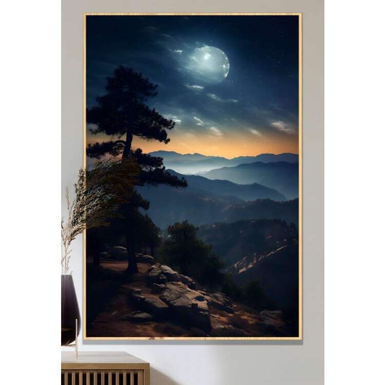 Quadro Decorativo Luar Iluminando Topo de Montanha com Pinheiro