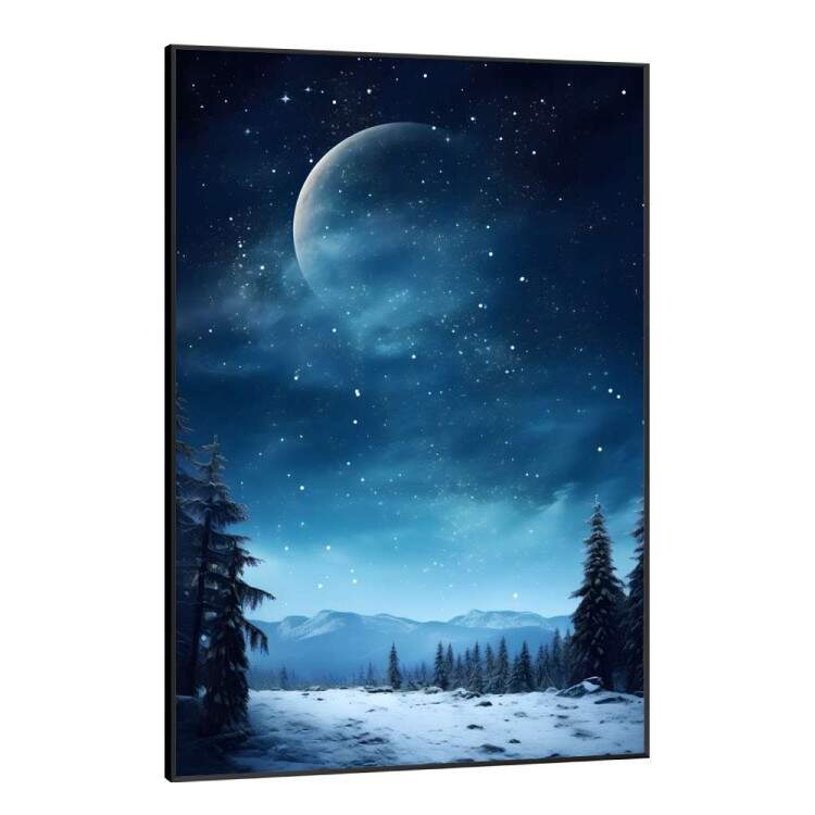 Quadro Decorativo Paisagem Lua com Cu Estrelado e Neve