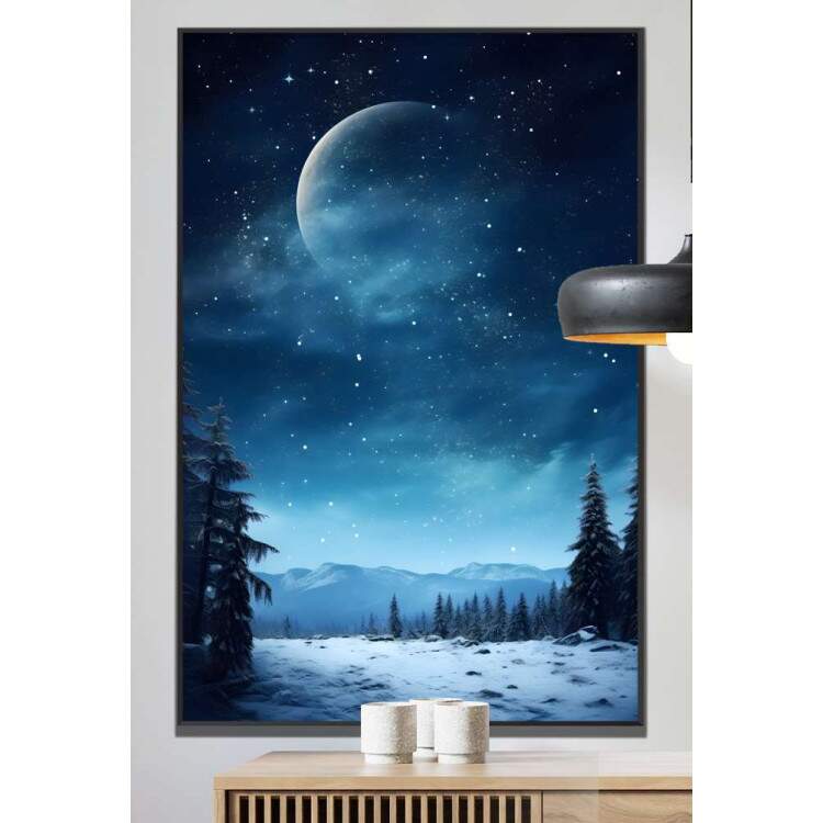 Quadro Decorativo Paisagem Lua com Cu Estrelado e Neve