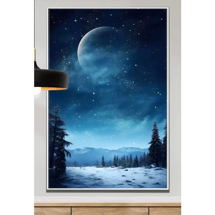 Quadro Decorativo Paisagem Lua com Cu Estrelado e Neve