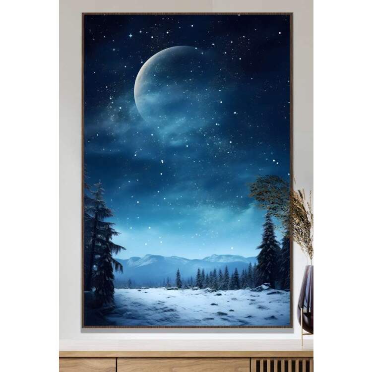 Quadro Decorativo Paisagem Lua com Cu Estrelado e Neve