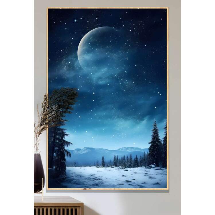 Quadro Decorativo Paisagem Lua com Cu Estrelado e Neve