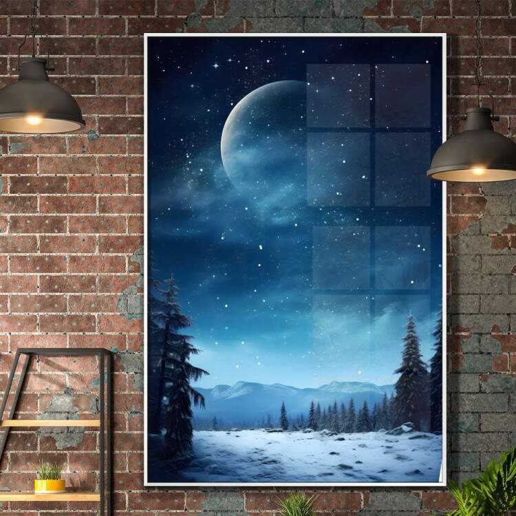 Quadro Decorativo Paisagem Lua com Cu Estrelado e Neve