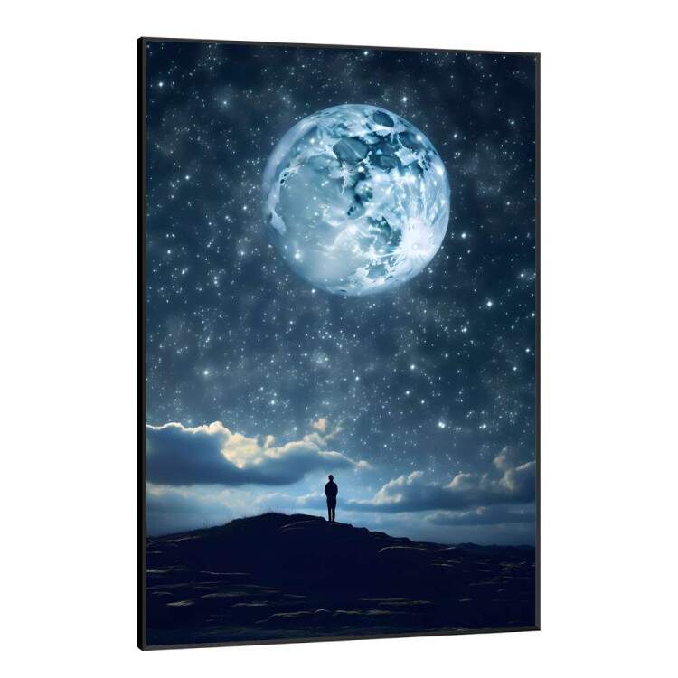 Quadro Decorativo Paisagem Sombra de Homem com Luar e Cu Estrelado