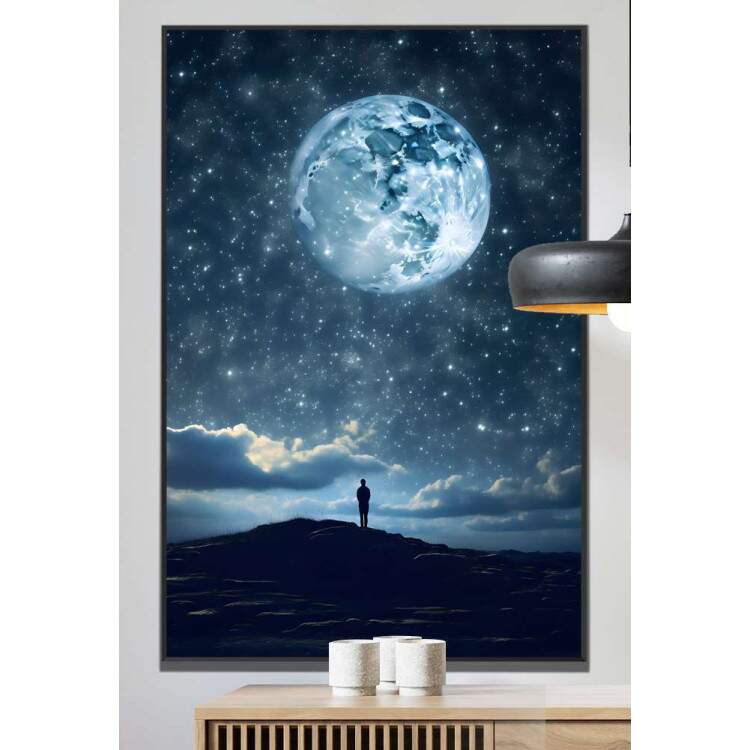 Quadro Decorativo Paisagem Sombra de Homem com Luar e Cu Estrelado