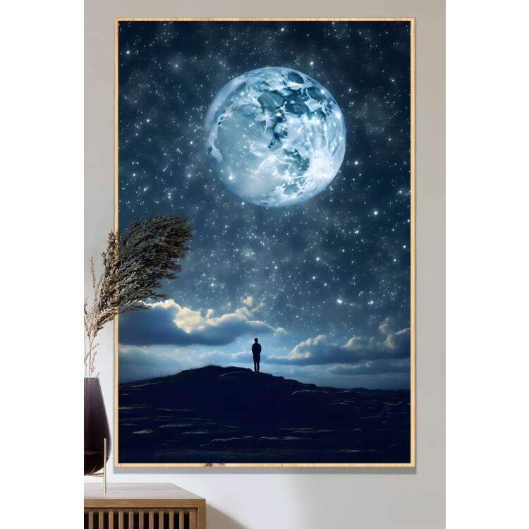 Quadro Decorativo Paisagem Sombra de Homem com Luar e Cu Estrelado