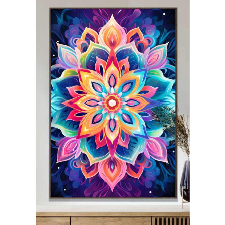 Quadro Decorativo Mandala Colorida com Fundo Azul e Roxo