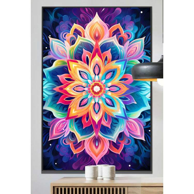 Quadro Decorativo Mandala Colorida com Fundo Azul e Roxo
