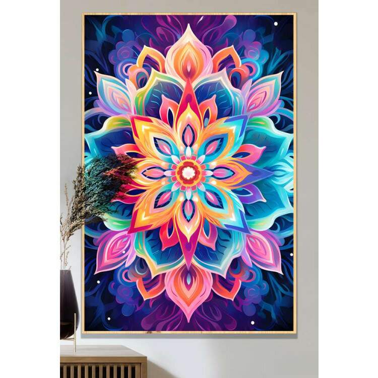 Quadro Decorativo Mandala Colorida com Fundo Azul e Roxo