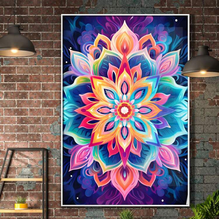Quadro Decorativo Mandala Colorida com Fundo Azul e Roxo