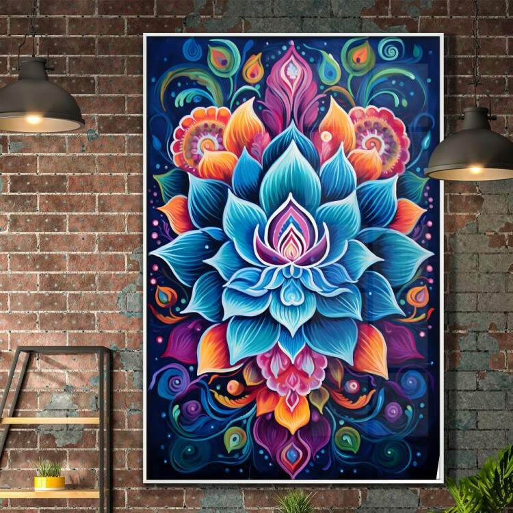 Quadro Decorativo Mandala com Cores Intensas Fundo Azul Escuro