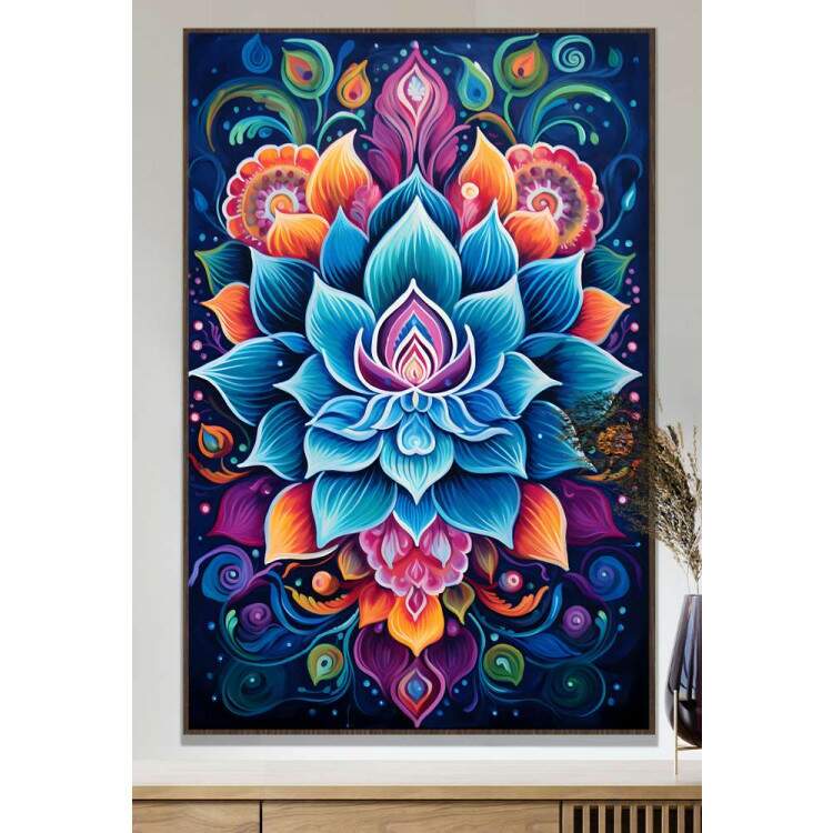 Quadro Decorativo Mandala com Cores Intensas Fundo Azul Escuro