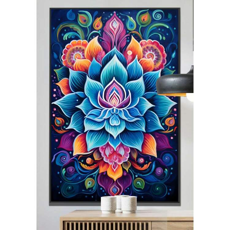 Quadro Decorativo Mandala com Cores Intensas Fundo Azul Escuro