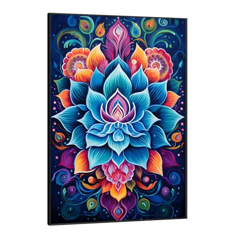 Quadro Decorativo Mandala com Cores Intensas Fundo Azul Escuro