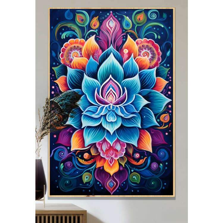 Quadro Decorativo Mandala com Cores Intensas Fundo Azul Escuro