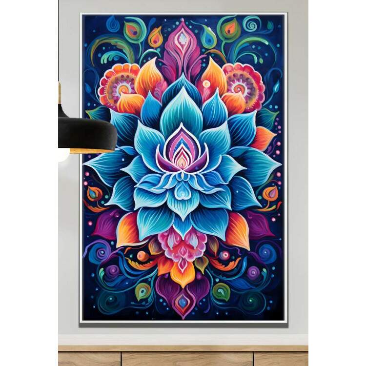 Quadro Decorativo Mandala com Cores Intensas Fundo Azul Escuro