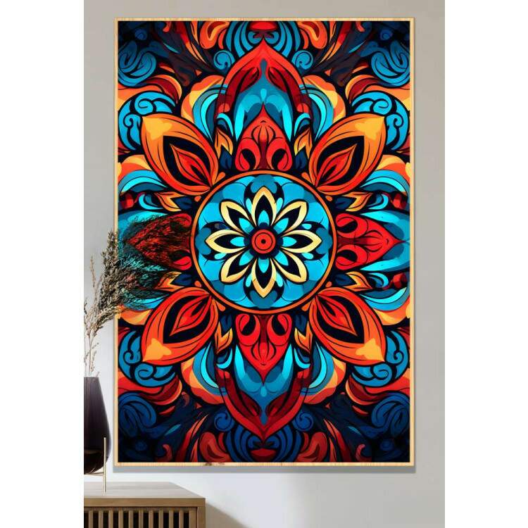 Quadro Decorativo Mandala com Tons de Laranja, Vermelho e Azul