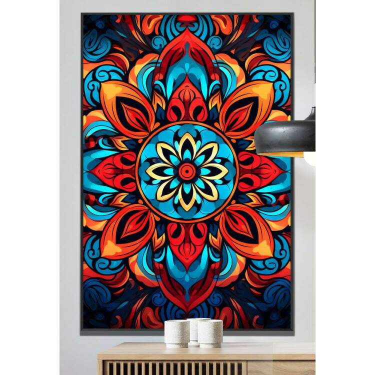 Quadro Decorativo Mandala com Tons de Laranja, Vermelho e Azul