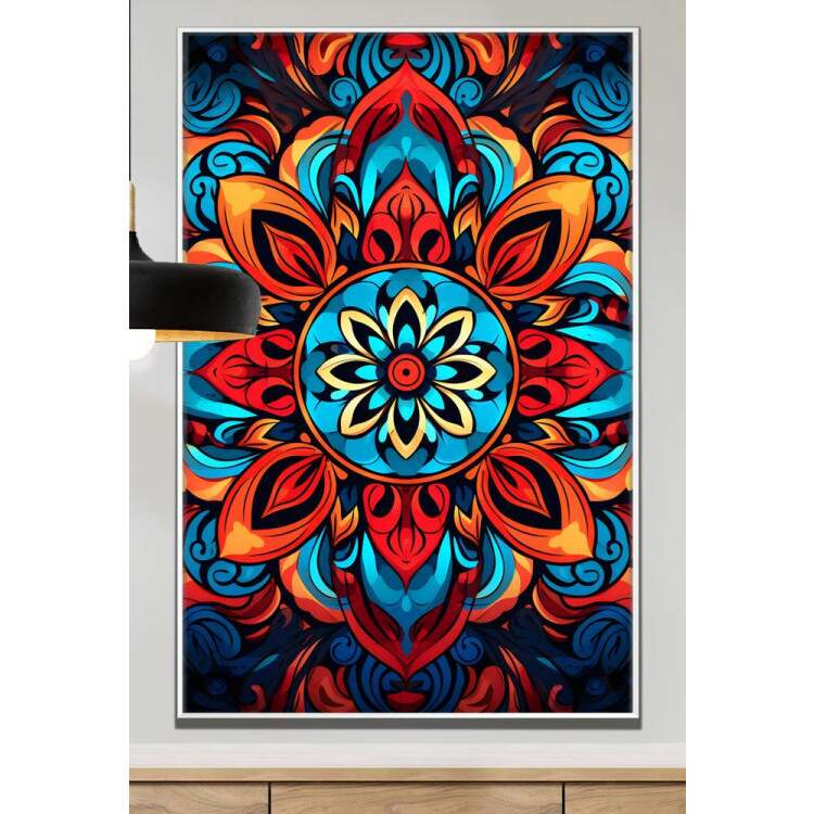 Quadro Decorativo Mandala com Tons de Laranja, Vermelho e Azul