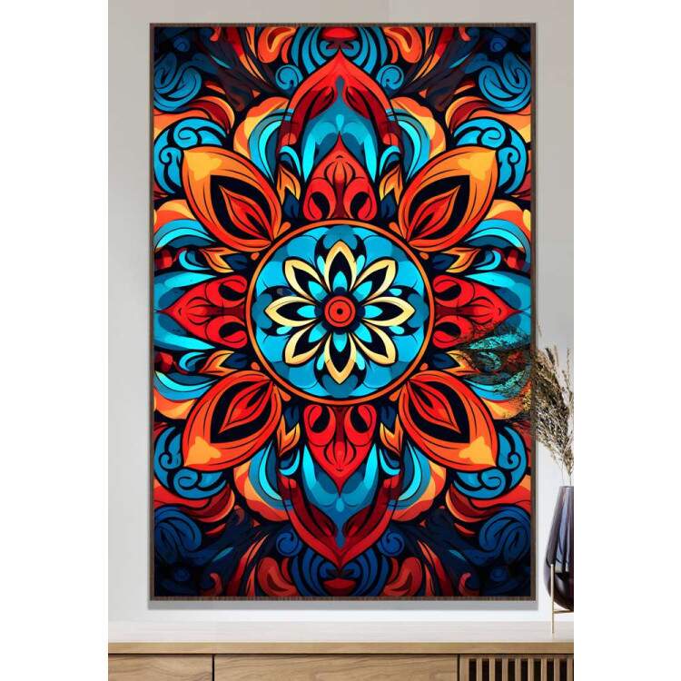 Quadro Decorativo Mandala com Tons de Laranja, Vermelho e Azul