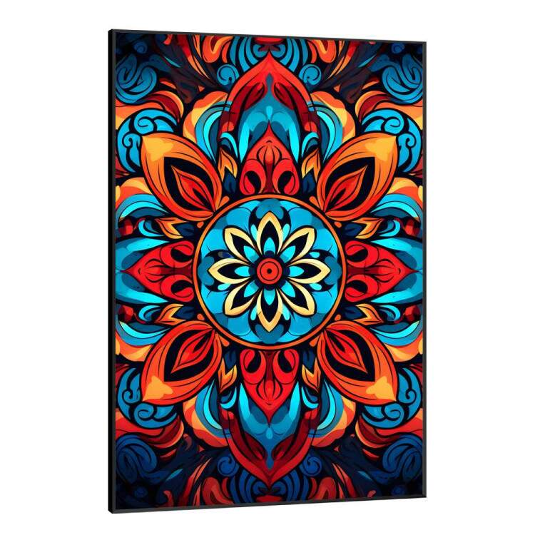 Quadro Decorativo Mandala com Tons de Laranja, Vermelho e Azul