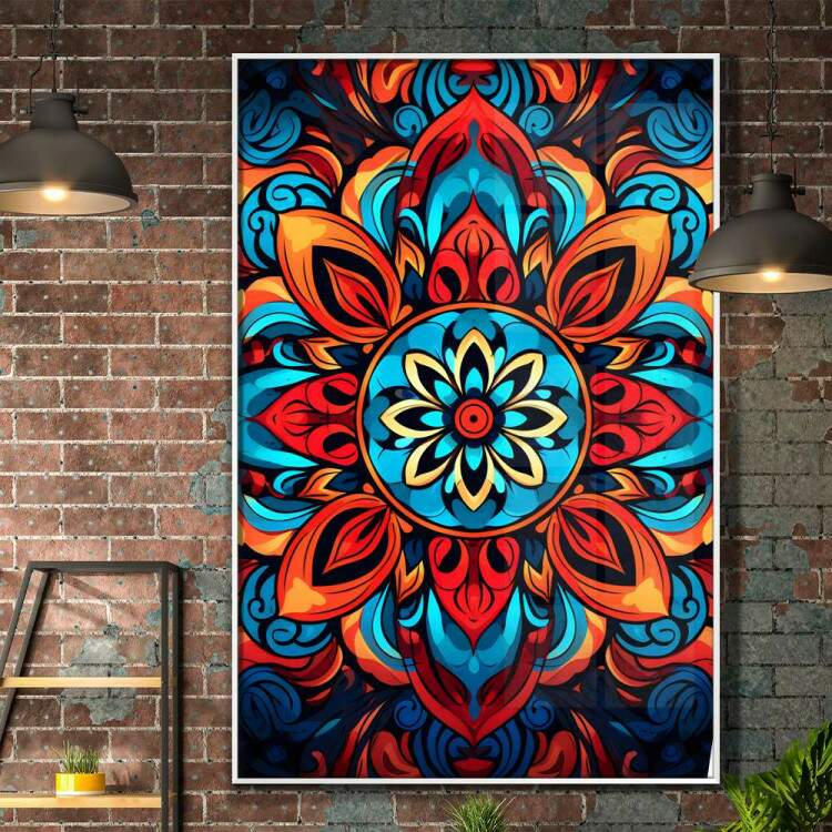 Quadro Decorativo Mandala com Tons de Laranja, Vermelho e Azul