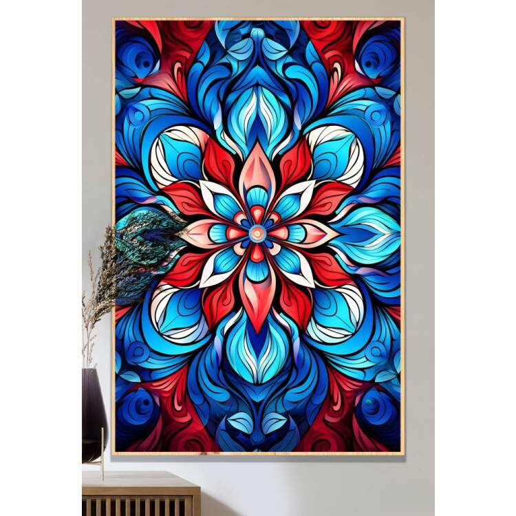 Quadro Decorativo Mandala com Tons Vermelhos e Azuis