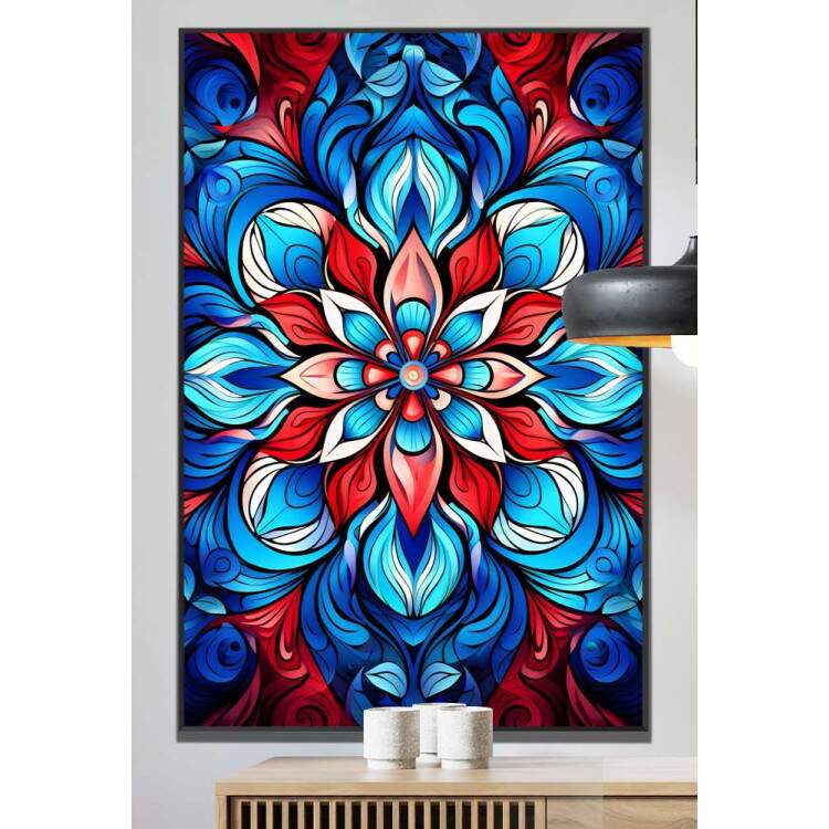 Quadro Decorativo Mandala com Tons Vermelhos e Azuis