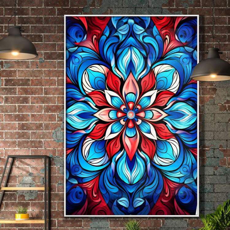 Quadro Decorativo Mandala com Tons Vermelhos e Azuis