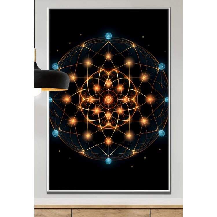 Quadro Decorativo Mandala Constelaes Fundo Preto Tons de Laranja e Azul