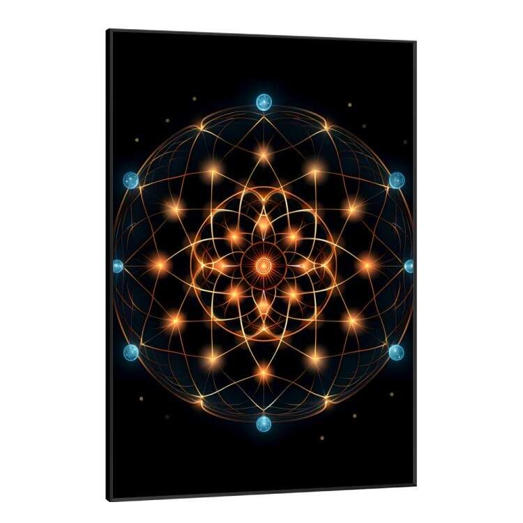 Quadro Decorativo Mandala Constelaes Fundo Preto Tons de Laranja e Azul