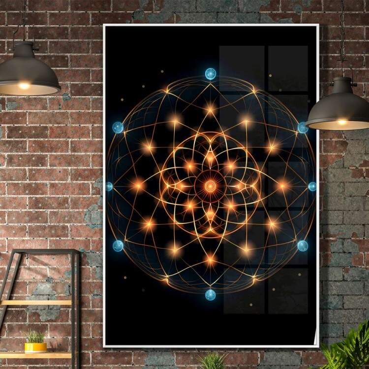 Quadro Decorativo Mandala Constelaes Fundo Preto Tons de Laranja e Azul