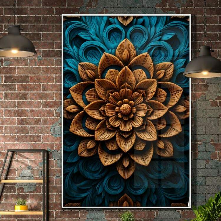 Quadro Decorativo Mandala Tom de Marrom com Fundo Azul