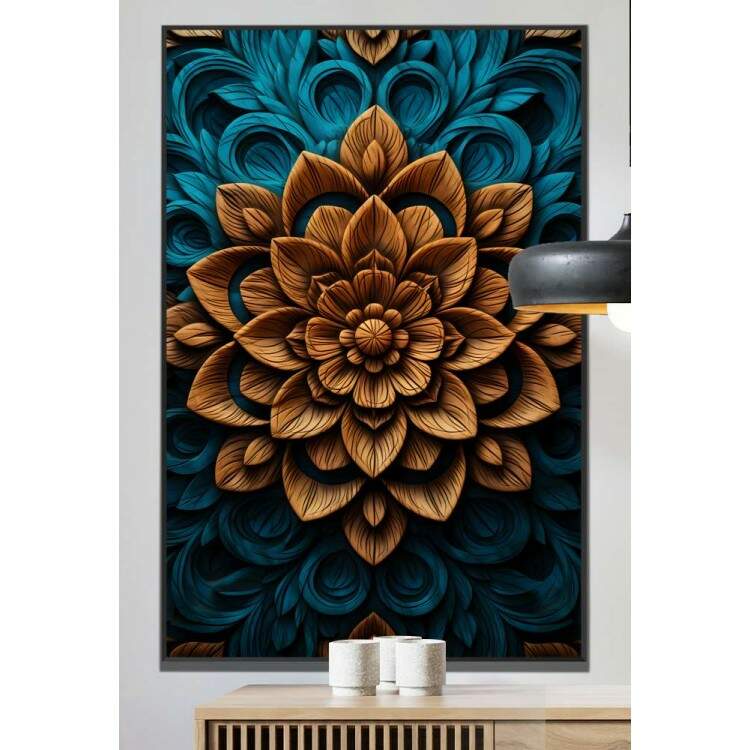 Quadro Decorativo Mandala Tom de Marrom com Fundo Azul