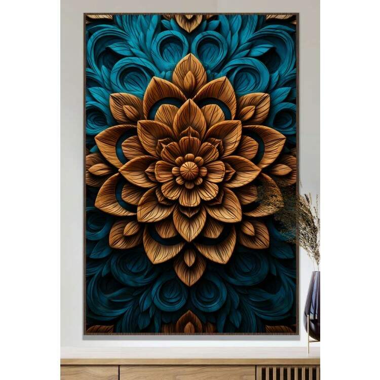 Quadro Decorativo Mandala Tom de Marrom com Fundo Azul